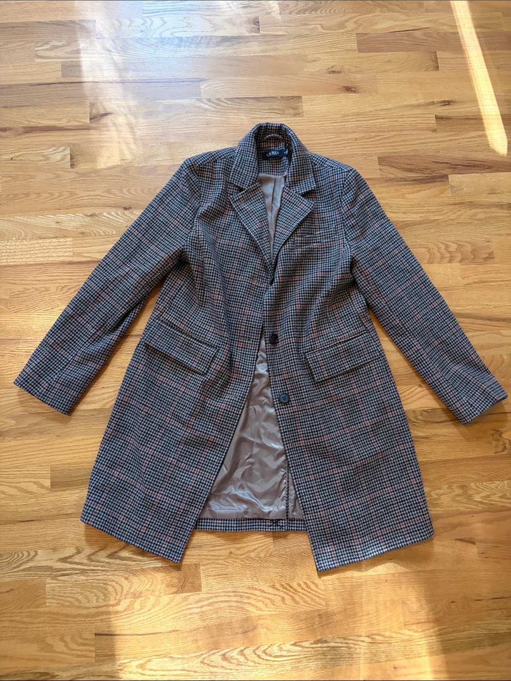 Ralph Lauren Houndstooth Wool-Blend Pea Coat — Brown/Gray